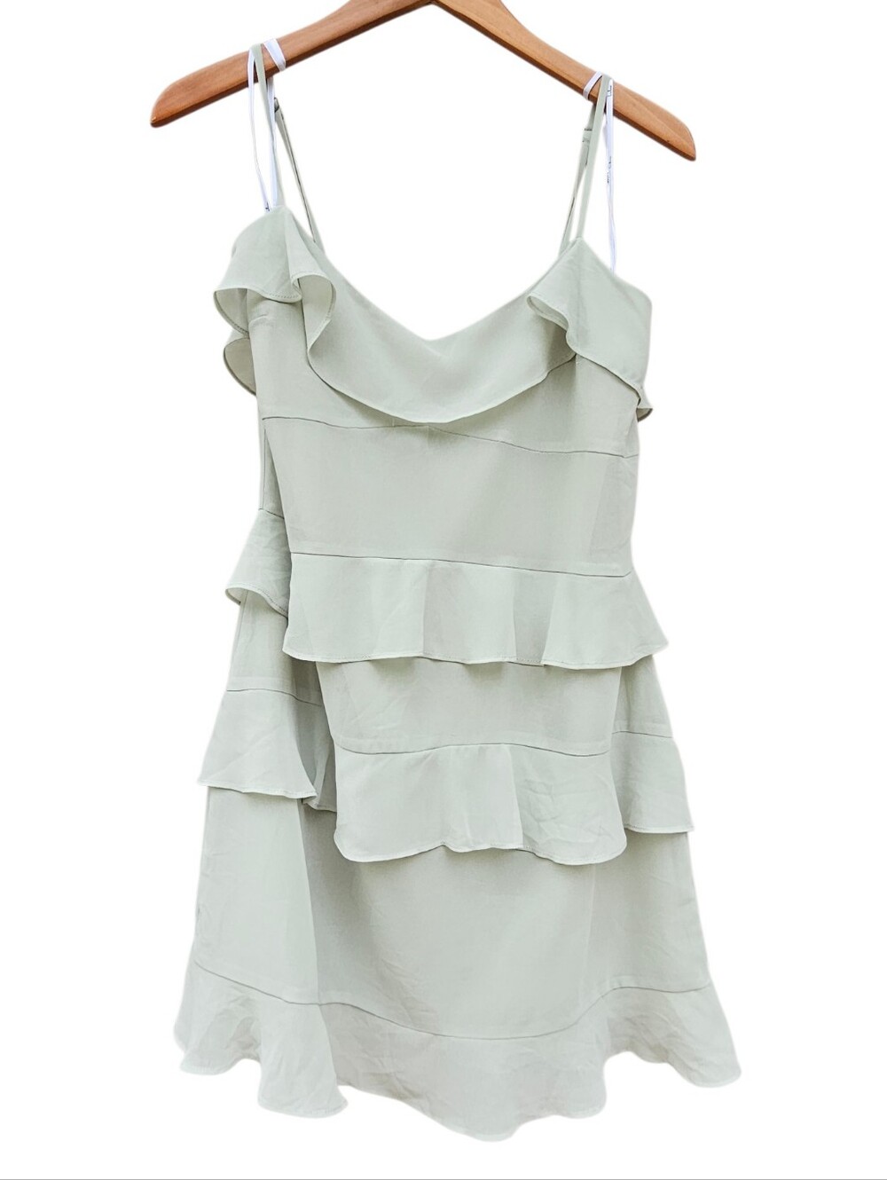 Lulus Sage Green Sheer Ruffled Tiered Spaghetti Strap Dress Size L